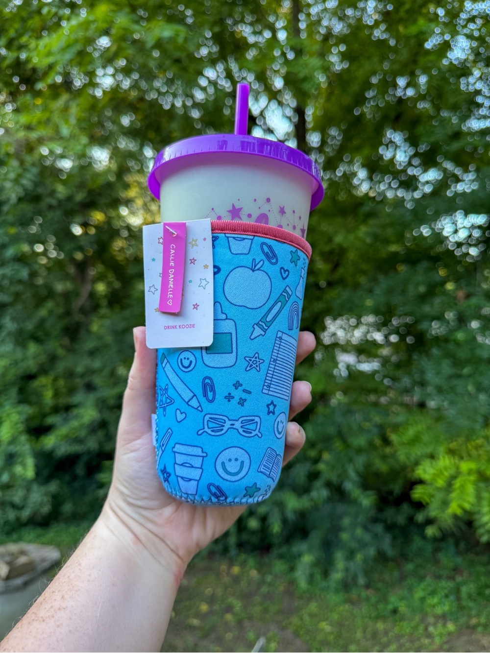 Medium Blue School Icons Drink Sleeve with Purple Lid